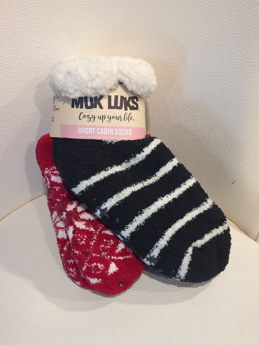 Muk Luks Short Cabin Socks - Black & White Stripes and Red Pattern
